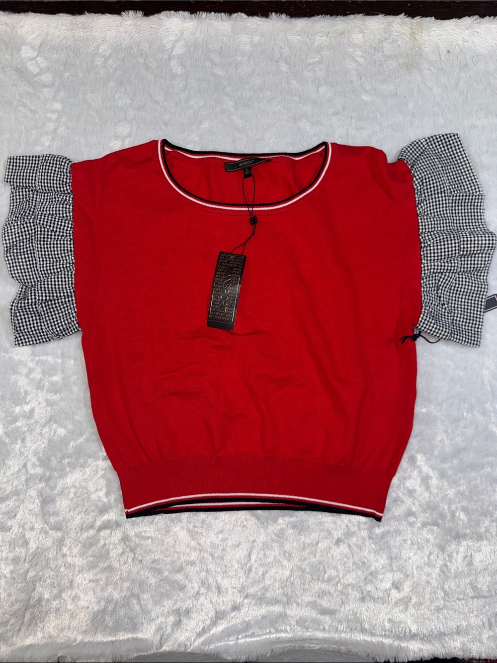 Red Knit Top with Gingham Ruffle Sleeves